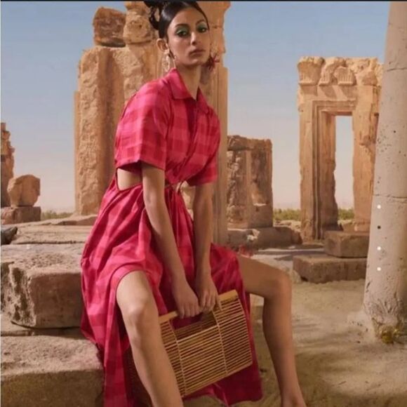 CULT GAIA Keegan Cutout Checked Twill Midi Shirt Dress In Ghermez Rose S - Picture 11 of 11